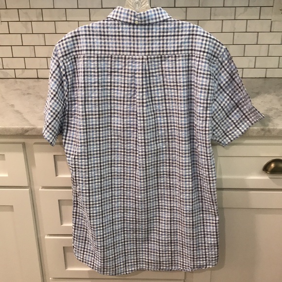 Barbour Tailored Fit Shirt Mens Large Blue Plaid Blue Seersucker Casual Pockets - Picture 2 of 9